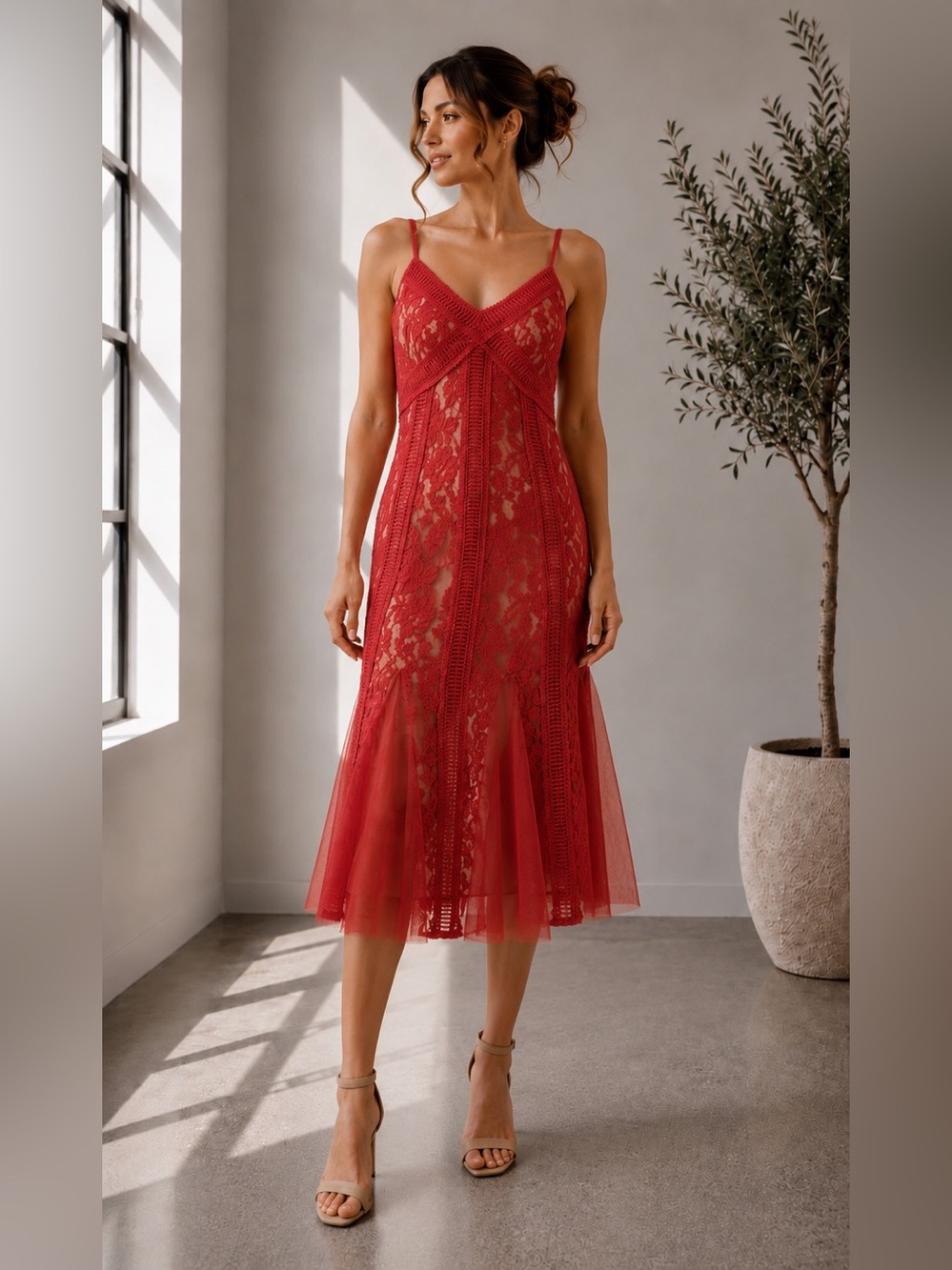 492. Scarlet Lace Reverie Midi Dress in red